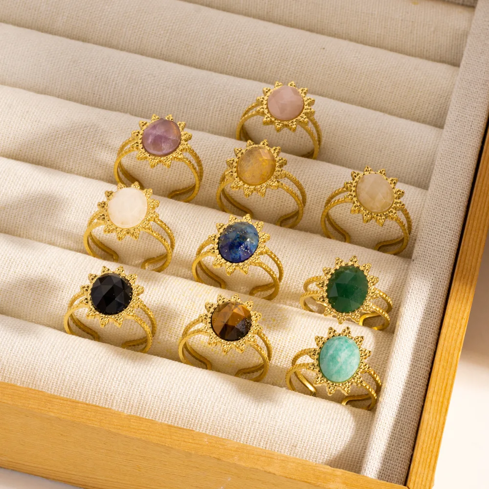 V. Stainless Steel Cut Natural Stone Ellipse Sun Flower Style Opening Ring Fine Polishing Fashion Jewelry Making