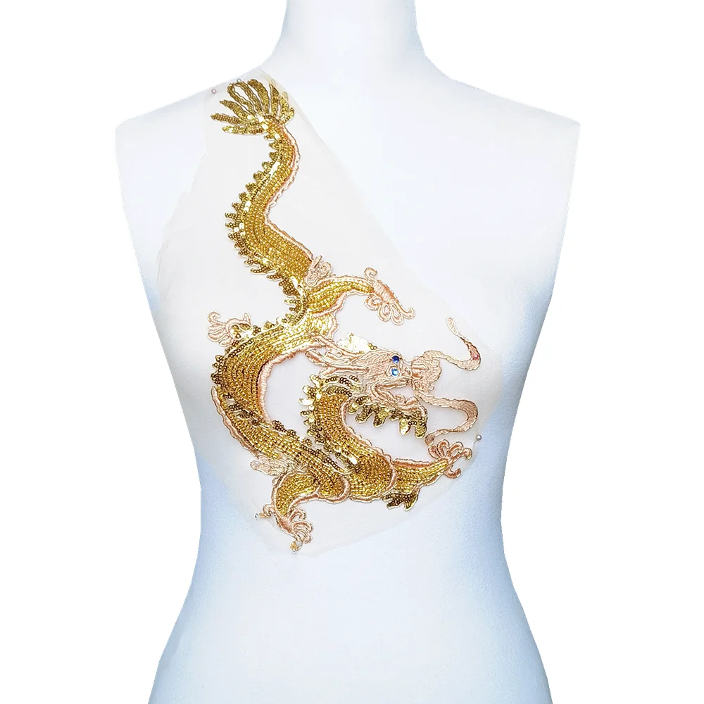 Beaded Gold Dragon Applique Sequin Embroidery Patch Chinese Applique Patches For Clothing 3D Appliques Parches Sew On AC1615