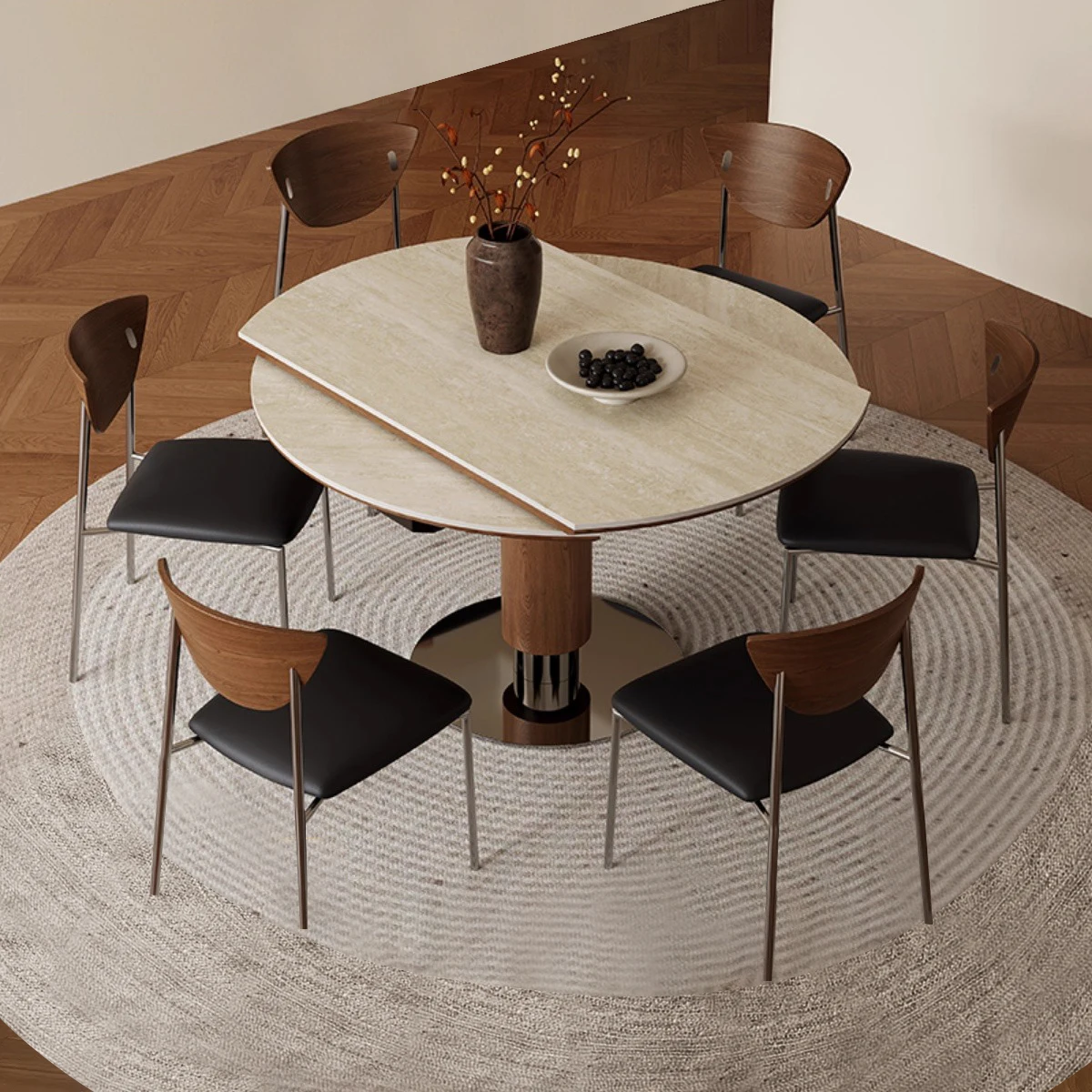 Medieval rock slab dining table and chair combination small round table Bauhaus solid wood round dining table rotating square