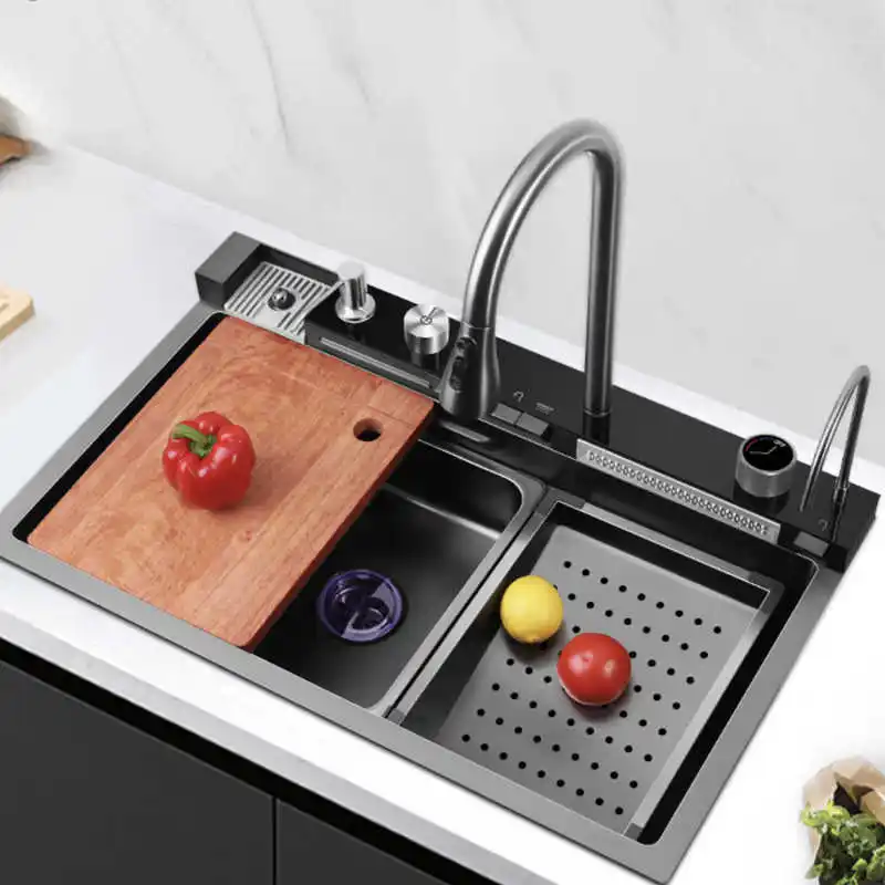 Multifunctional Rainfall Faucet Single Bowl Kitchen Sink Waterfall 304 Stainless Steel Handmade Kitchen Sink