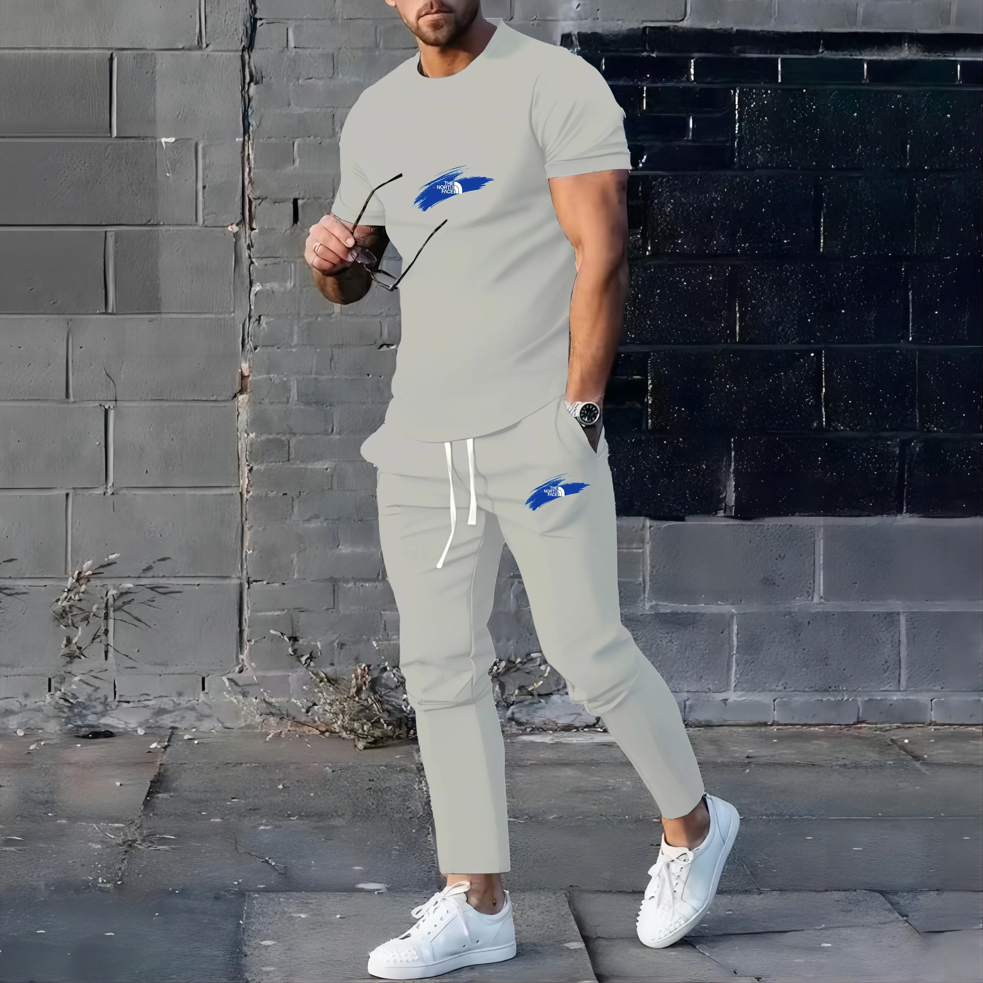 Summer men\'s golf sports set 2-piece long pants printed short sleeved T-shirt+long pants streetwear trendy men\'s clothing