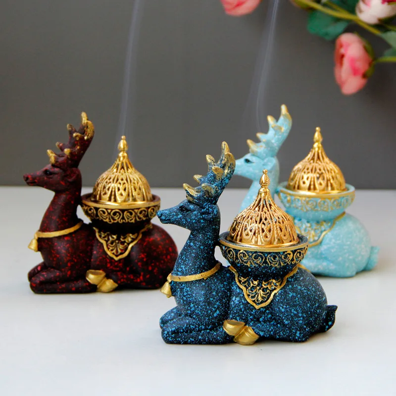 

Nordic style color marble resin reindeer combination golden metal incense burner Middle East Arabian aroma burner