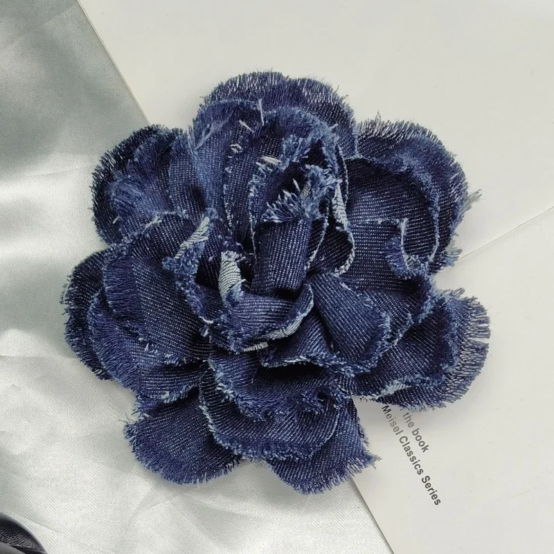 15cm Fashion New Handmage Edging Denim Rose Flower Brooch Pin Beautiful Corsage Lapel Badge Brooches for Women Accessories