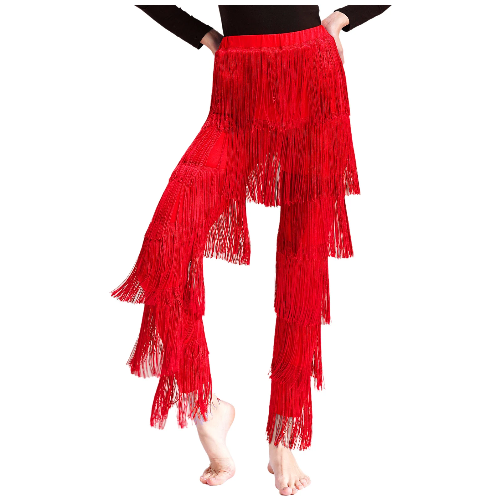 المرأة شرابة اللاتينية رومبا التانغو الرقص السراويل التانغو تشا تشا السالسا أداء زي حزام مطاط الطبقات مهدب بنطلون