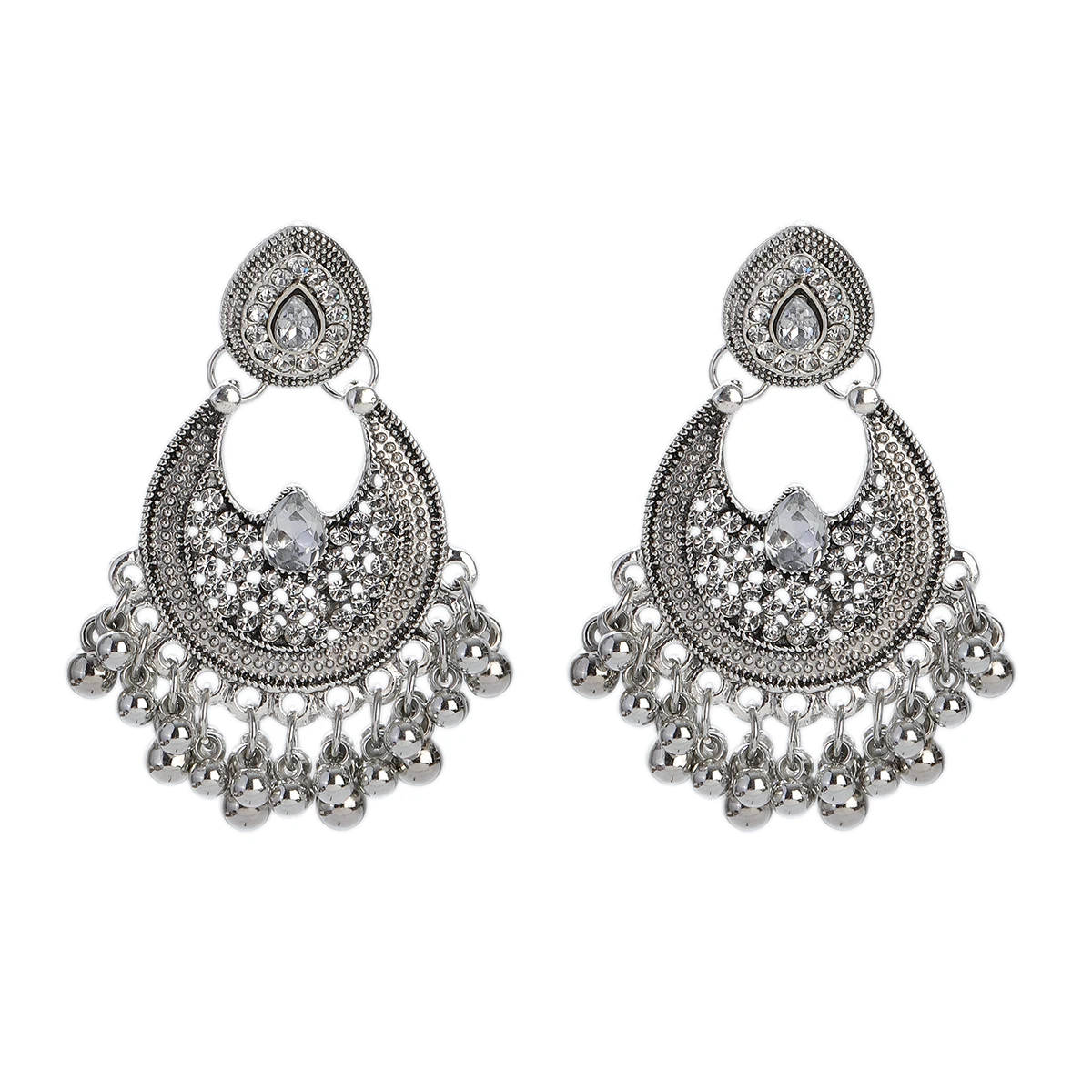 Vintage Silver Color Bohemian Earrings for Women Geometric Tassel Jewelry Metal Carved Round Heart Shape Dangle Earrings Gift