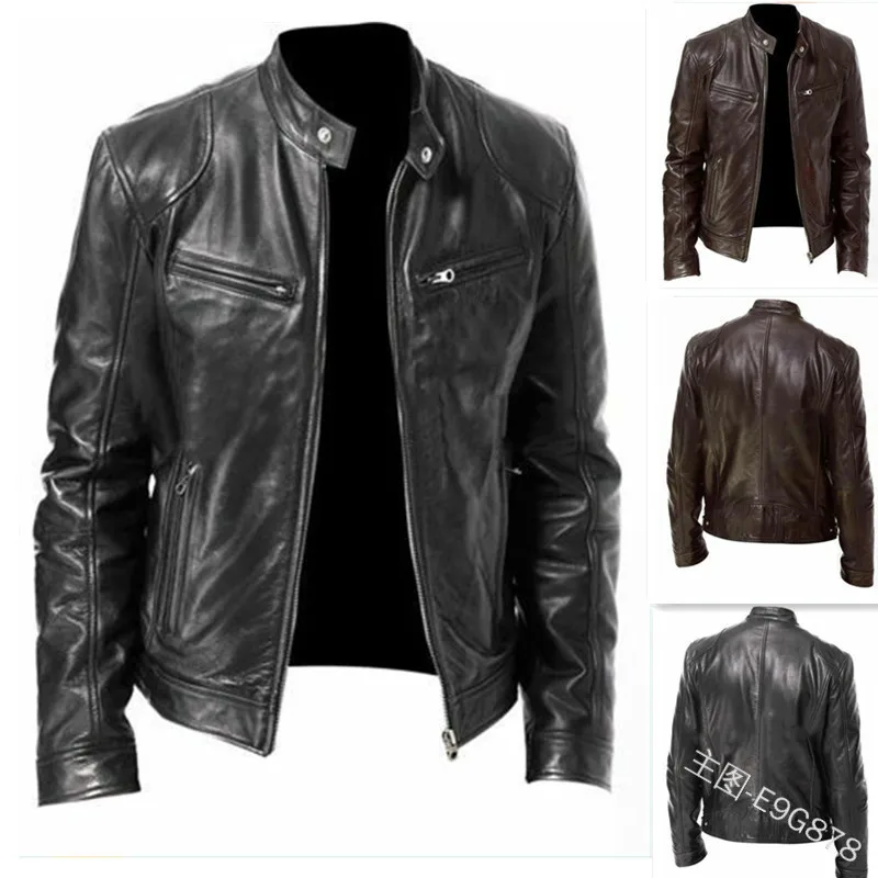 

Spring Autumn Pure Color Pu Leather Zipper Leather Jacket Coat Men