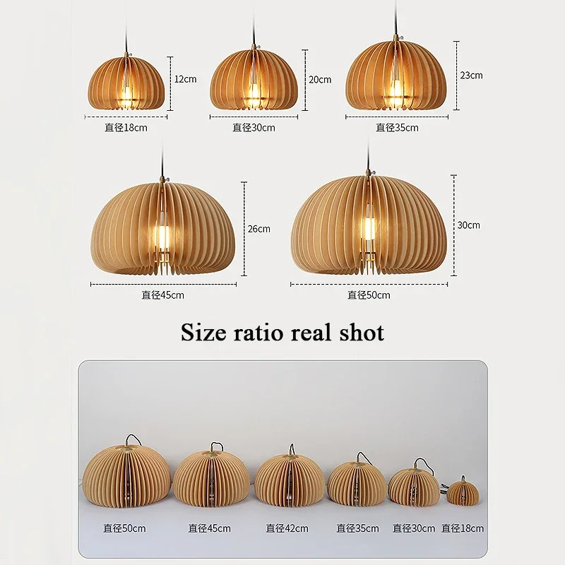 Modern Pendant Lights Pumpkin Art Lamp Bed Room Bedside Hanging Wood Lamp Dining Room Home Deco Lighting Fixture E27 Dia18-42cm