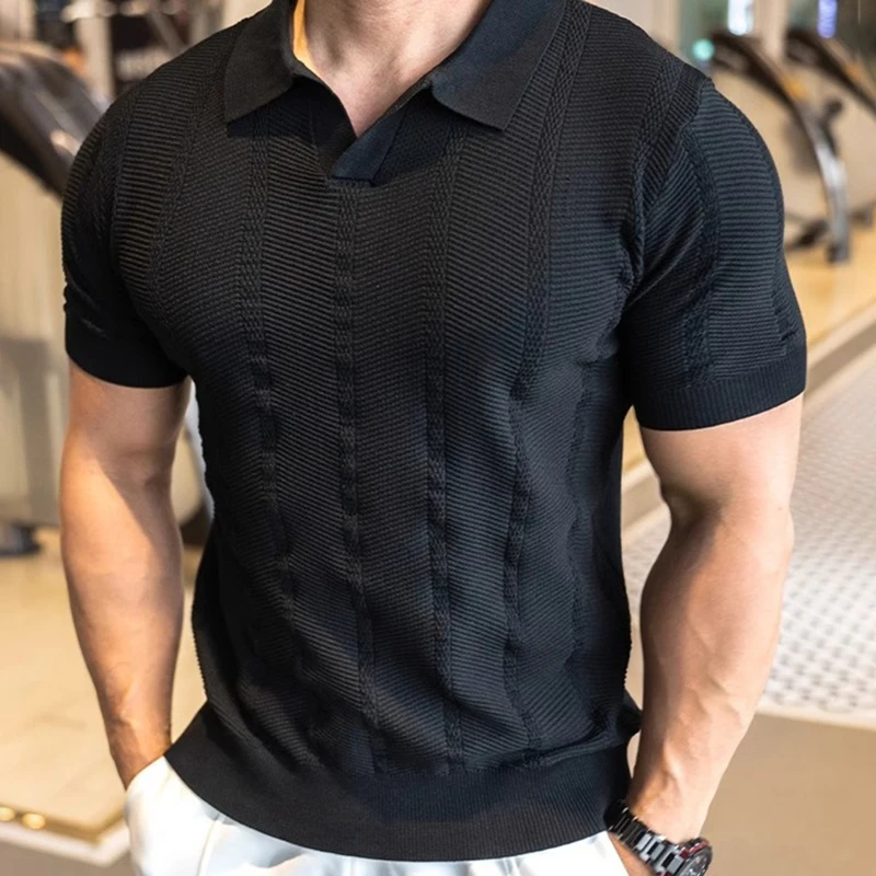 Sommer Business Poloshirt für Herren mit Kragen, Kurzarm, Gestrickt, Einfarbig, Slim Fit, Atmungsaktiv, Schnelltrocknend, Golf T-Shirt – Detail 2