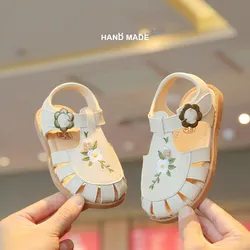 Children Sandals Girls Fashion Embroidery Geniune Leather Sandals Hollow out Soft Sole Non-slip Sandals Size 22-31