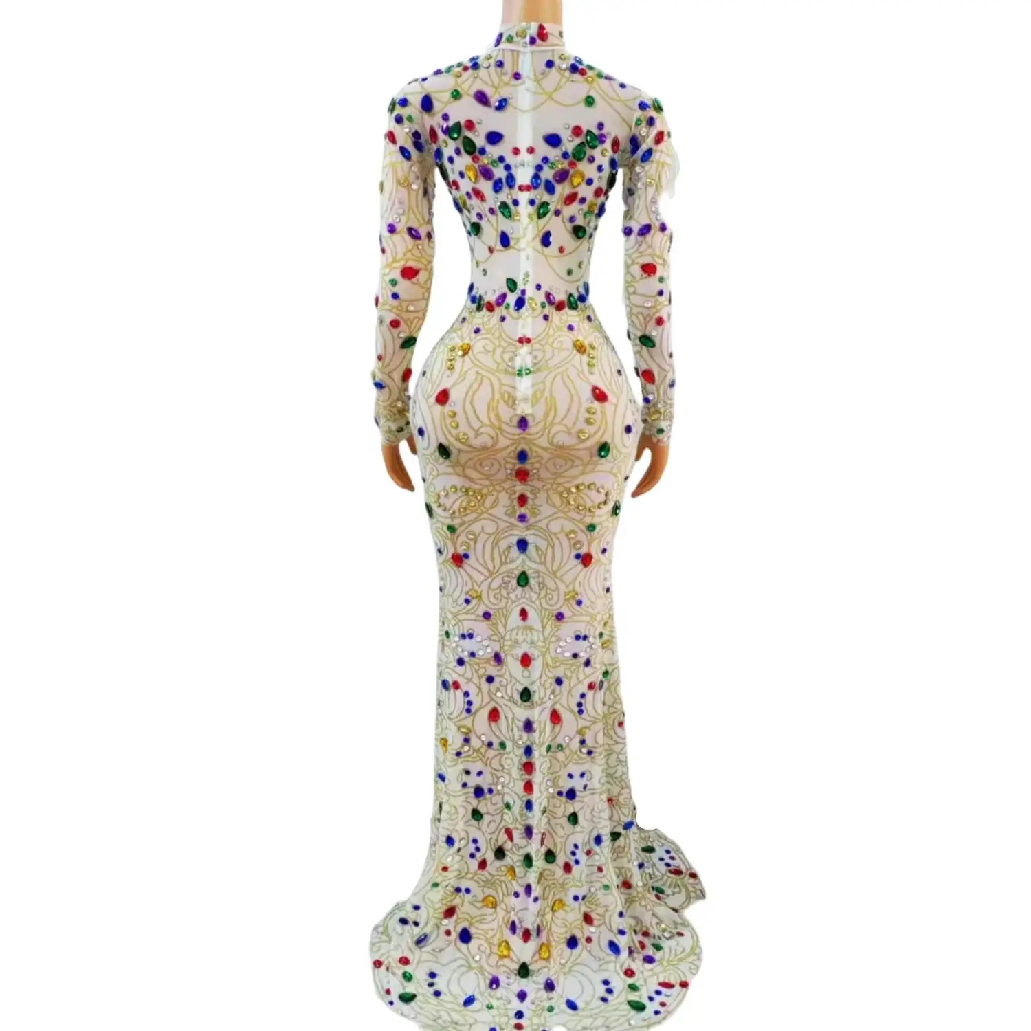 Jinchan Elegant White Mesh Gold Embossed Line Rhinestone Bodycon Long Dress High Neck Long Sleeve Gala Party Formal Gown