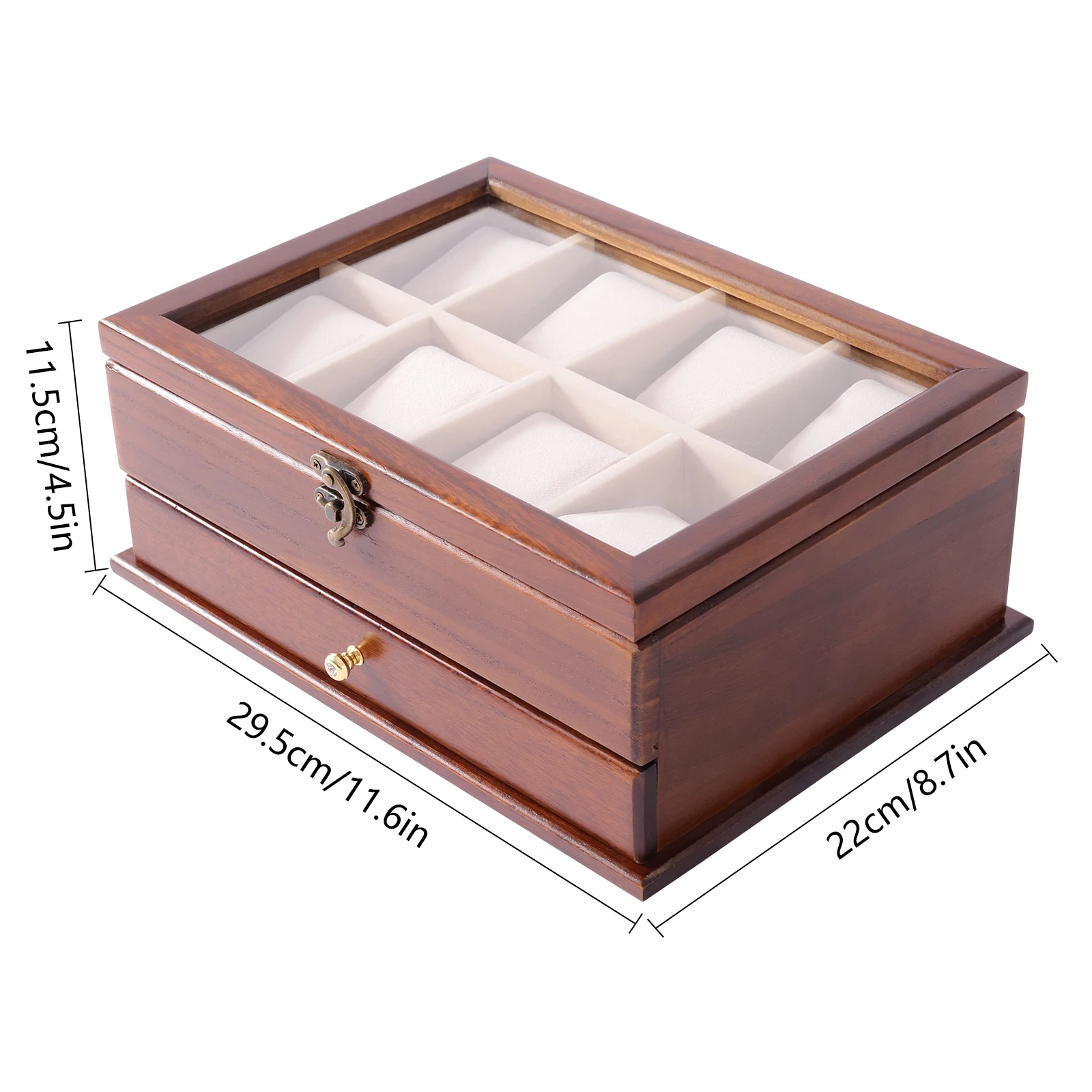 2 Layers Solid Wood Watch Box Watch Case with Pillows Glass Top Jewelry Large Storage Case Organizer Vintage