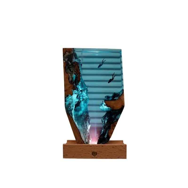 Creative Handmade Log Night Light Ocean Wind Scuba Diver Design Soft Ambient Lamp Unique Desk Decor Ornament Gift for Home