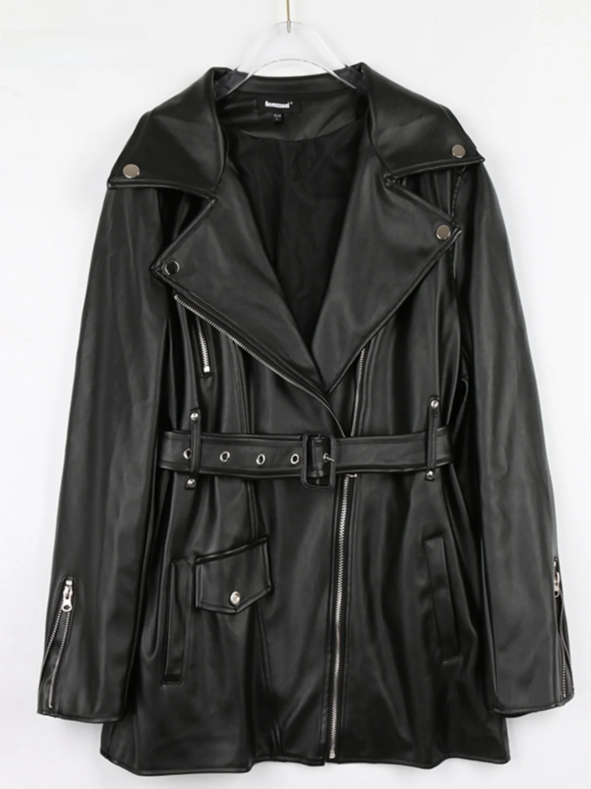 

Nerazzurri Women's Casual Faion Bla PU Leather Jaet Long Sve Motorcycle Street Sle Spring Autumn Outerwear Coat