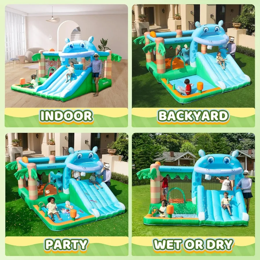 Casa de rebote inflable para castillo de casa de juegos con toboganes de soplador, piscina de pelotas, aro de baloncesto y juego de lanzamiento para húmedo y seco