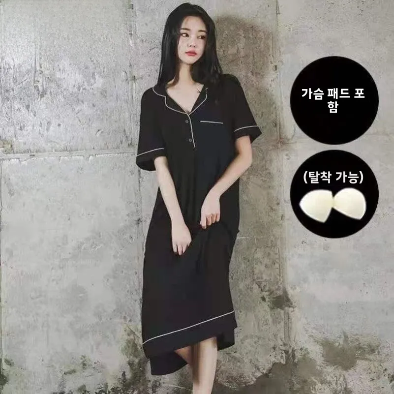 モーダル寝間着女性の夏半袖薄いセクシーな大きいサイズふくよかなmmロングホーム服胸パッド付き寝間着