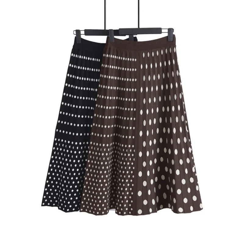 Women's Knitted Thickened Polka Dot White Pleated A- line Umbrella Skirt Mid-Length High Waist Wholesale