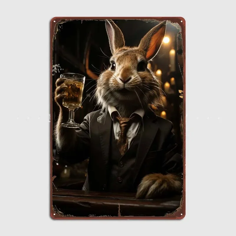 Rabbit Drinking Whiskey Vintage Metal Poster Room Decor Metal Signs for Bar Restaurant Coffee Bar Wall Decoration Art Mural Home