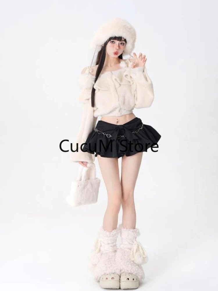 2023 New Japanese Fashion Women Suit Warm Kawaii Y2k Crop Tops Casual Black Slim Mini Skirt Outwear Harajuku Elegant 2 Piece Set