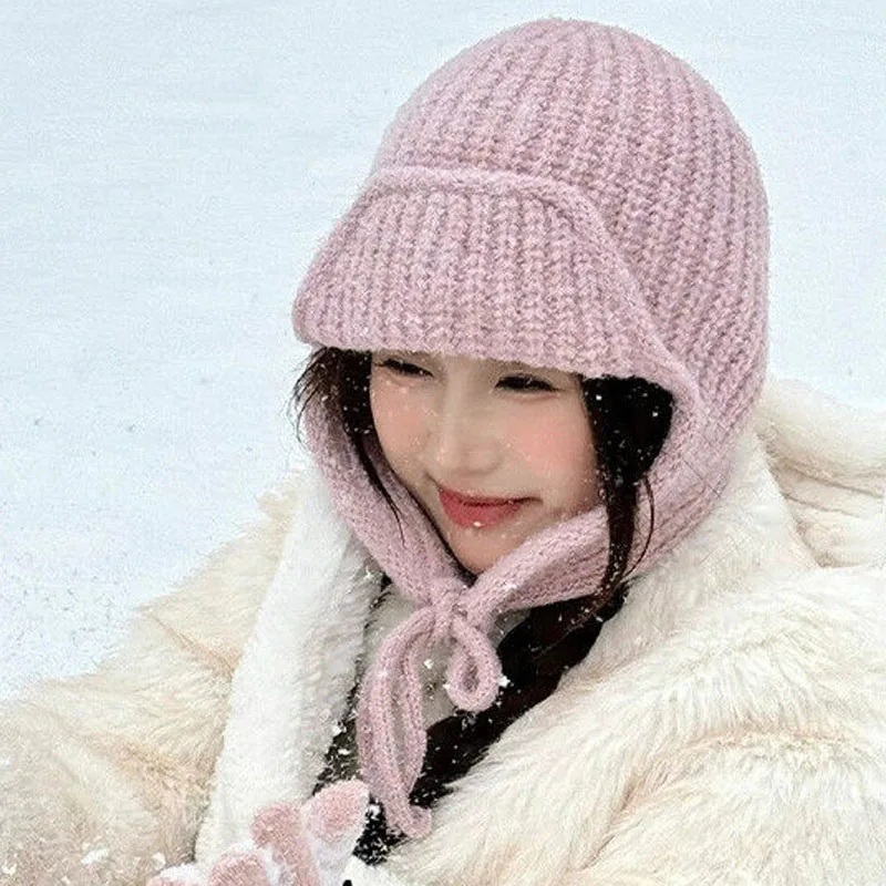 Kältebeständige Winter-Strickmützen, warme Damen-Ohrenklappen-Mütze, weich, verdickt, winddicht, kaltes Wetter, Outdoor-Mode, Ohrenschützer-Kappen