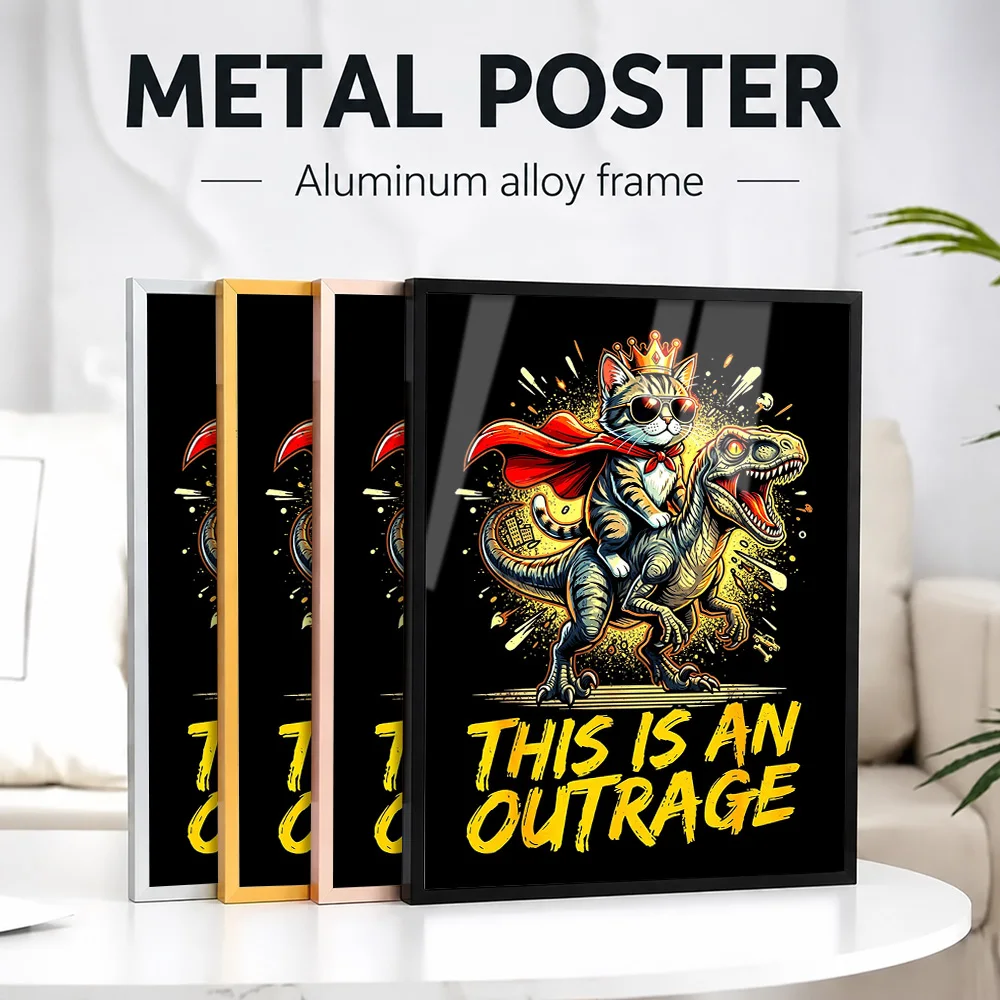 Cat Riding Dinosaur Dungeon Framed Metal Print Customized Photo Charming Minimalist Style Wall Art For Entryway Collector Gift