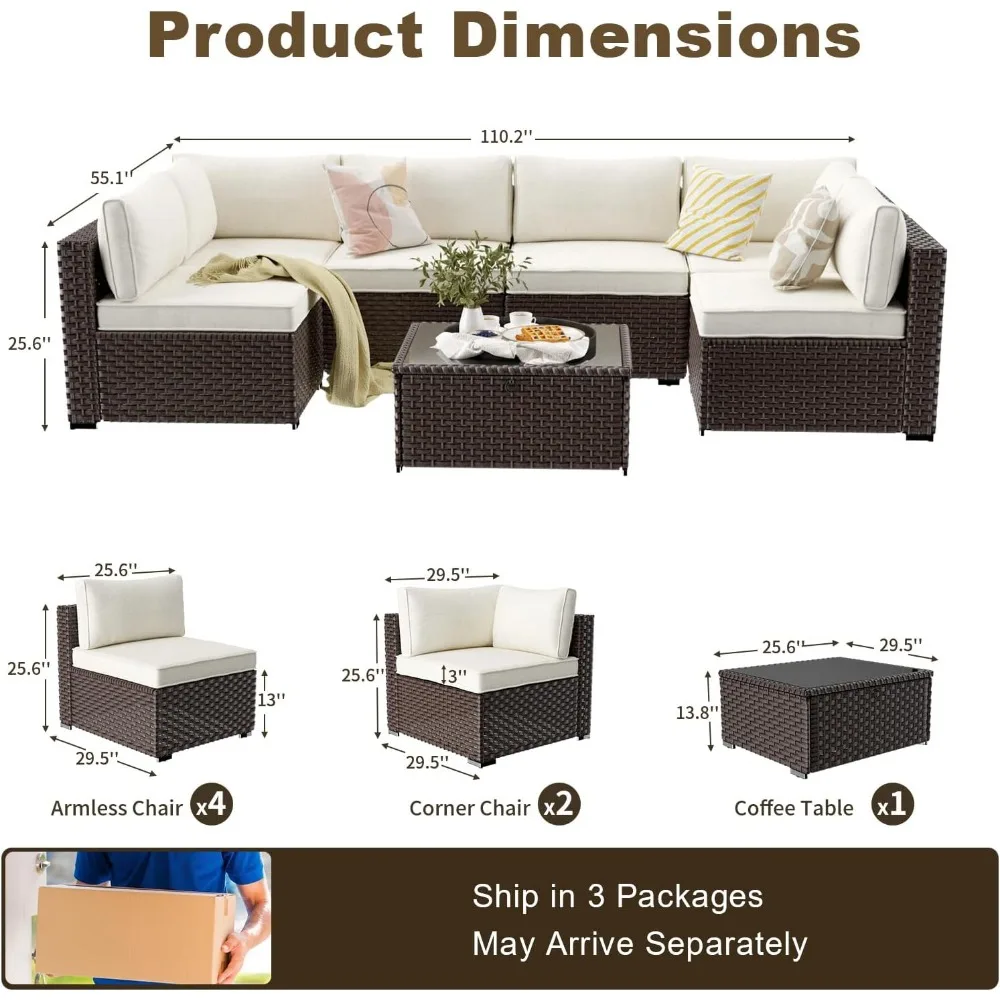 7 Pieces Patio Conversation Sets, Modern Rattan Wicker Outdoor Sectional Sofa Set, All-Weather Wicker Patio Furniture Set