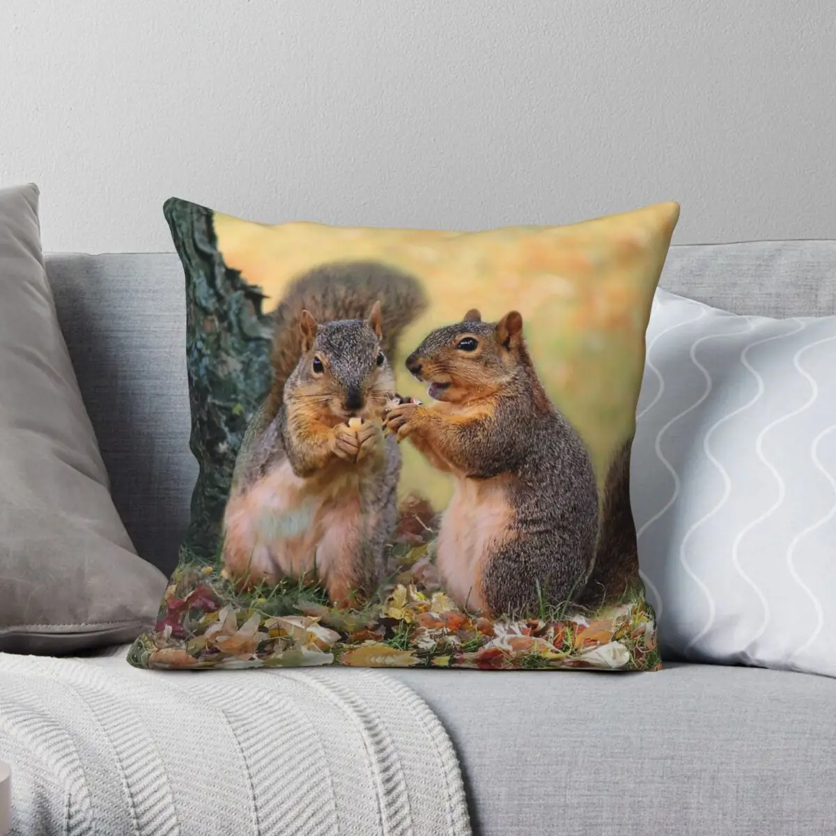 Squirrel Talk Square Pillowcase Polyester Linen Velvet Pattern Zip Decorative Sofa Cushion Cover