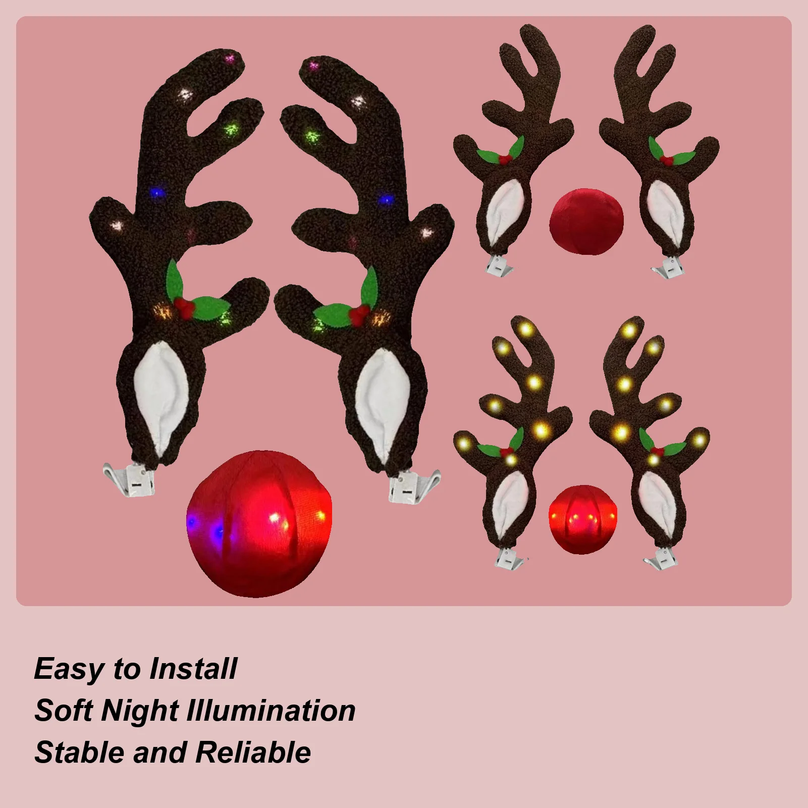 Car Reindeer Antlers Christmas Decoration Deer Ears Glowing LED Antler With Nose Automotive Exterior Window Roof Top Decor