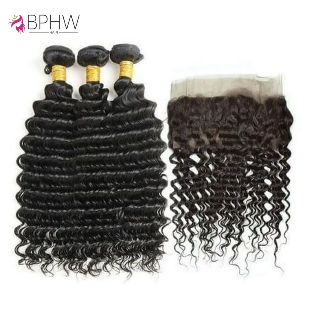 

3 пучка с кружевом 13x4, фронтальная часть, 100% человеческие волосы, глубокая волна, перуанские волосы для чернокожих женщин, пучки с застежкой, натуральный цвет волос