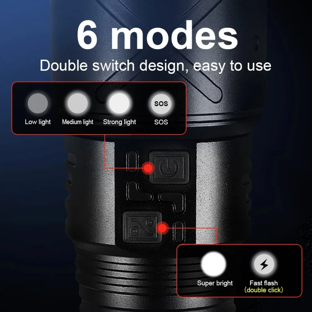 24000mAh Ultra Bright LED Flashlight USB Rechargeable Zoom Flashlights Long Range 8000M Tactical Torch Camping Fishing Work Lamp