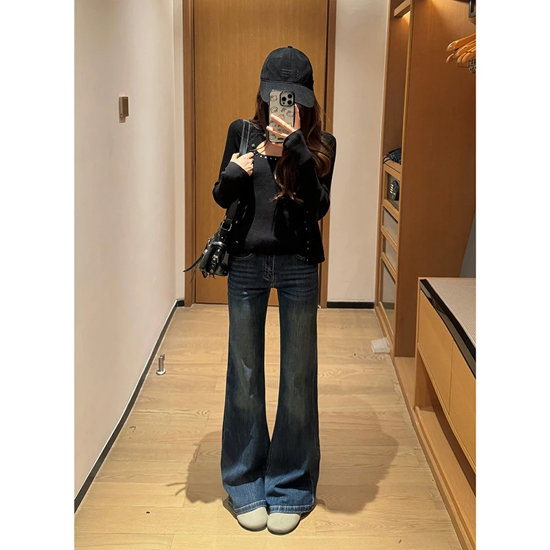 Embroidered micro-pull jeans without sticking to the legs, low waist and slim trousers for women (extended)