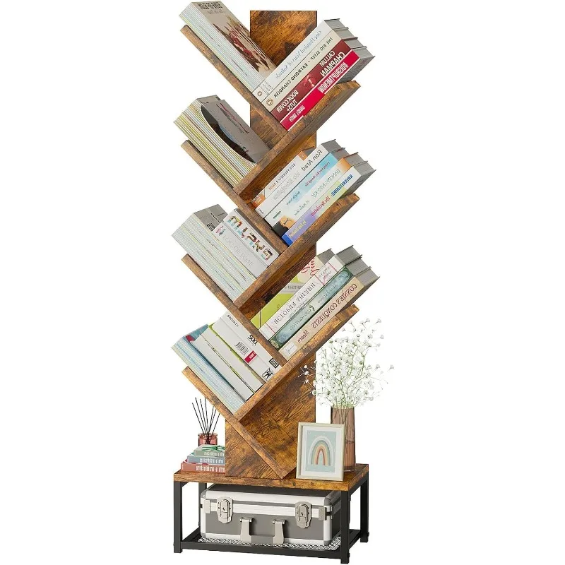 7 TierTree Floor Standing Bookshelf Metal BasebOrganizer for Movies/CDs/Books, Wood Book Storage Rack for Bedroom/Home Office