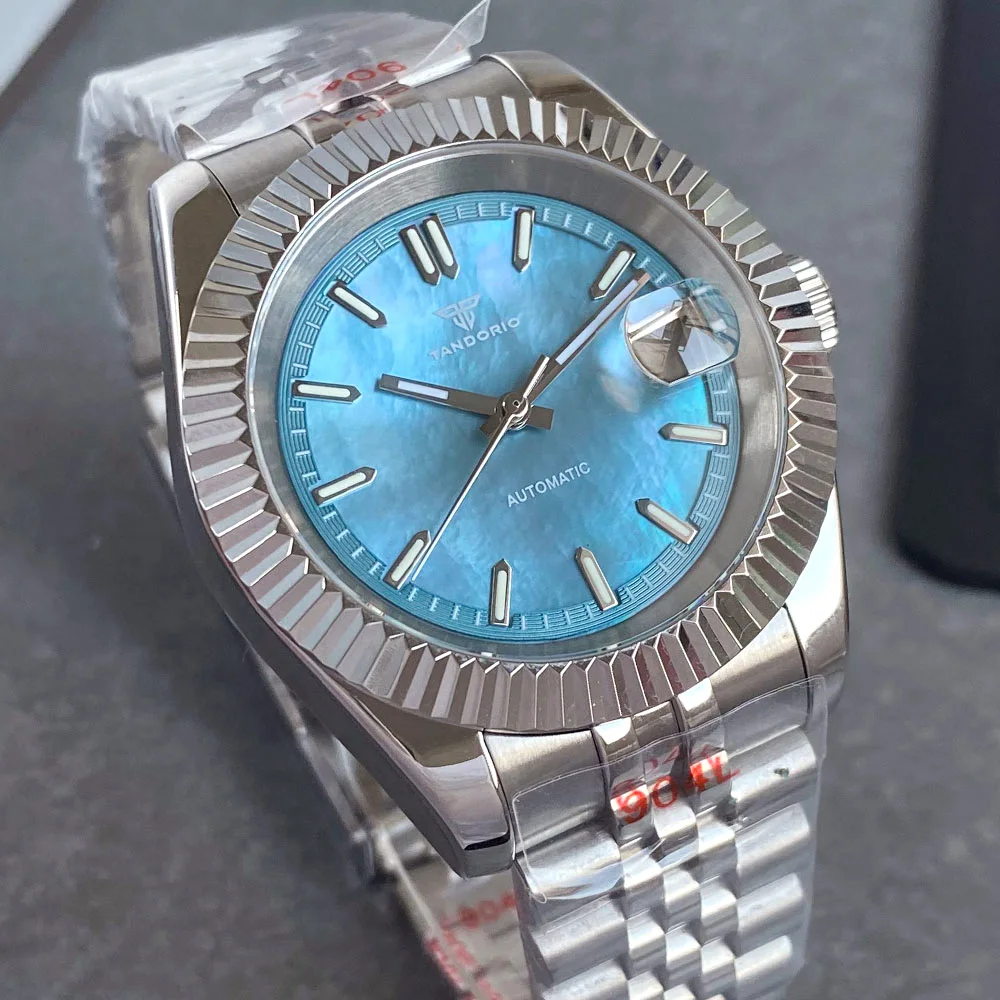 Tandorio 39mm Ice Blue MOP Mother of Pearl Shell Dial Luminous 200M Diver NH35 Mechanical Watch Men Steel Bracelet