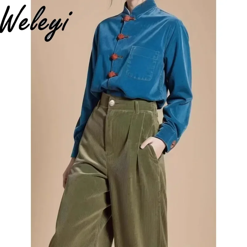 Conjunto de camisa y pantalones azul de pana para Mujer, Ropa elegante para Mujer, blusa de estilo chino, conjunto de dos piezas, primavera 2024