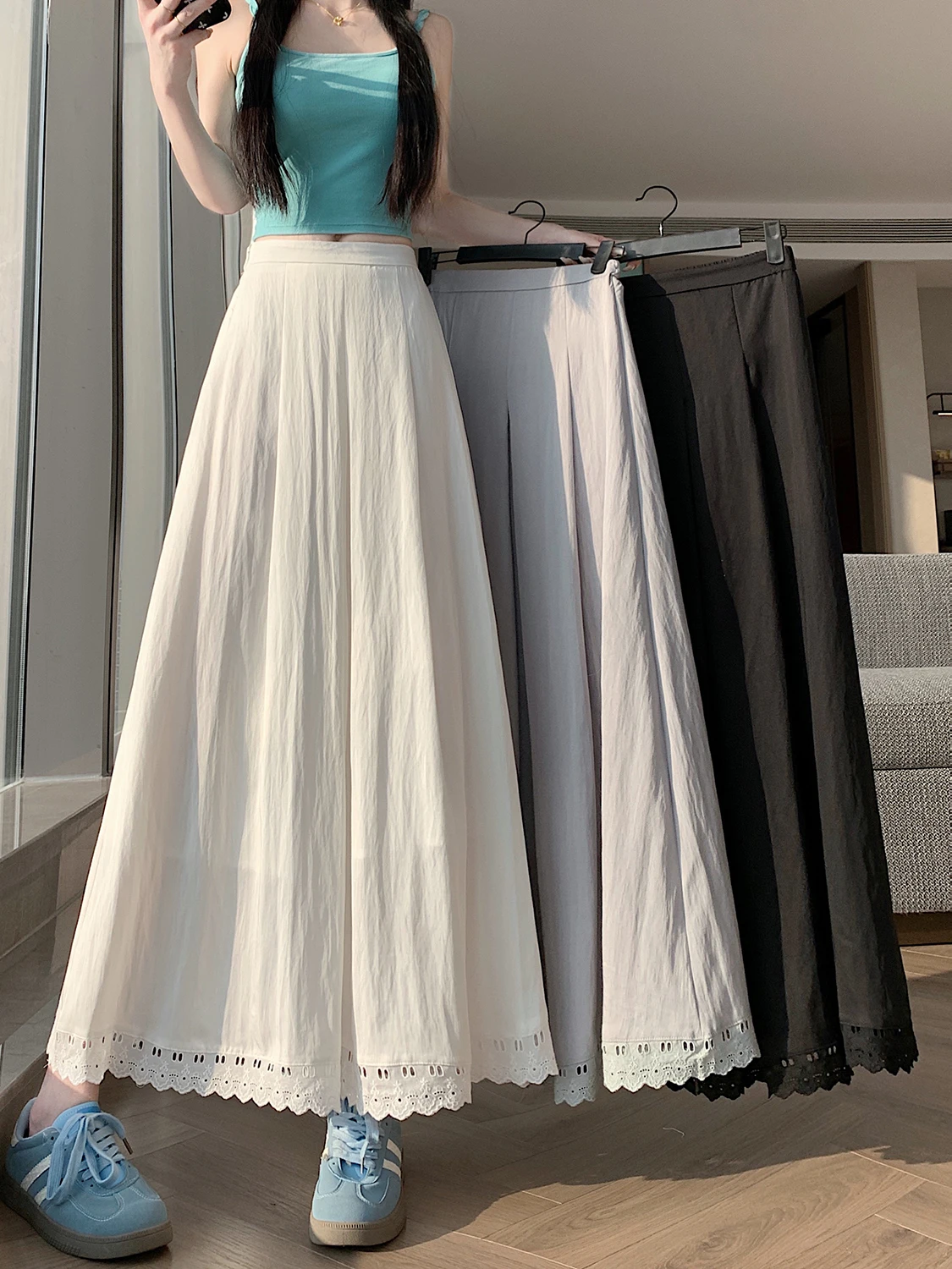 

Элегантная юбка А-силуэта с высокой талией, кружевом и вышивкой, ажурный дизайн, весна-лето, повседневный стиль, полиэстер