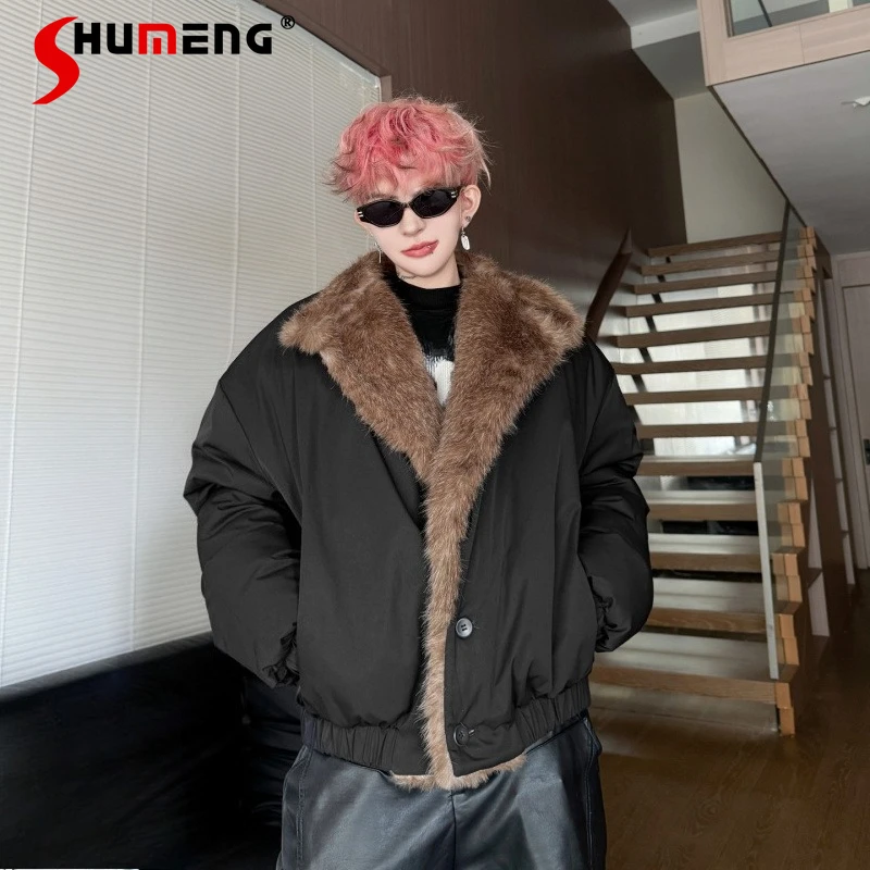 

Модные парки с воротником из искусственного меха для мужчин, зима 2022, новый американский стиль, модные утолщенные теплые парки с лацканами, мужские однотонные шикарные пальто