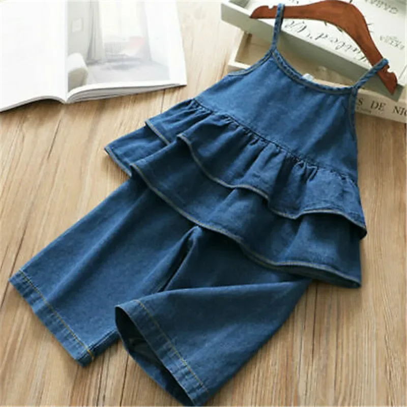 Conjunto de ropa vaquera sin mangas para niña, camisola con volantes, pantalones de pierna ancha de cintura alta, azul, 1-5 años