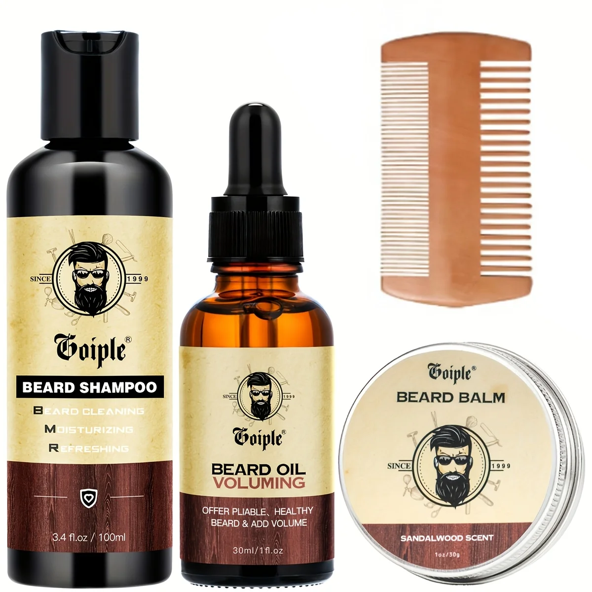 GOIPLE Men Beard Care Kit Facial Hair Shampoo & Beard Volumizing Oil and Styling Balm with Comb 4pcs For Soft Healthy Mustaches