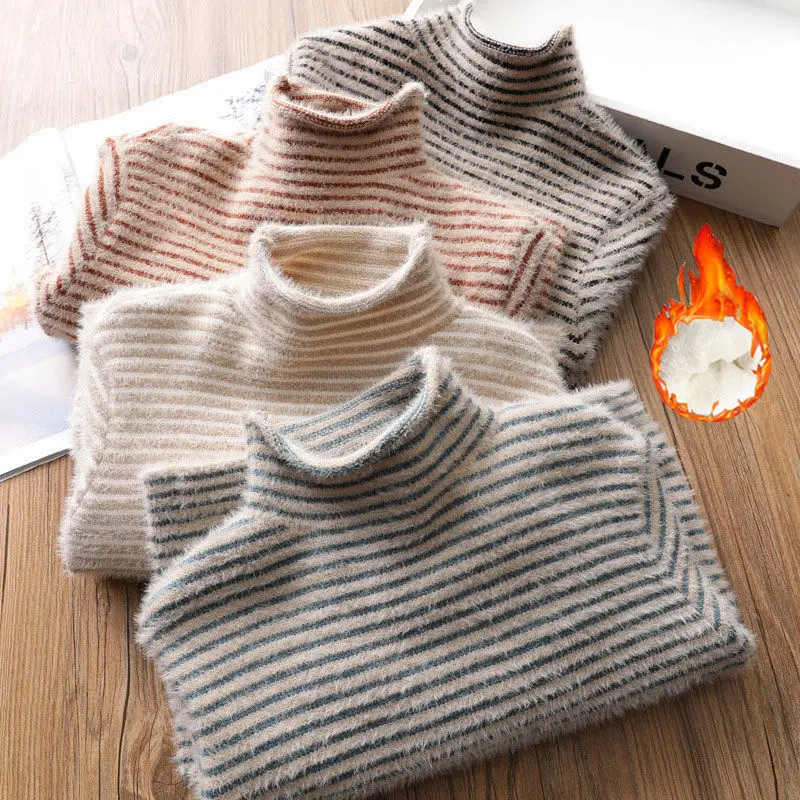 

Children's High Neck Striped Mink Fur Sweater New Girls' Thick Knitted Sweater Added Velvet Fall Winter Korean Boys' Base Shirt