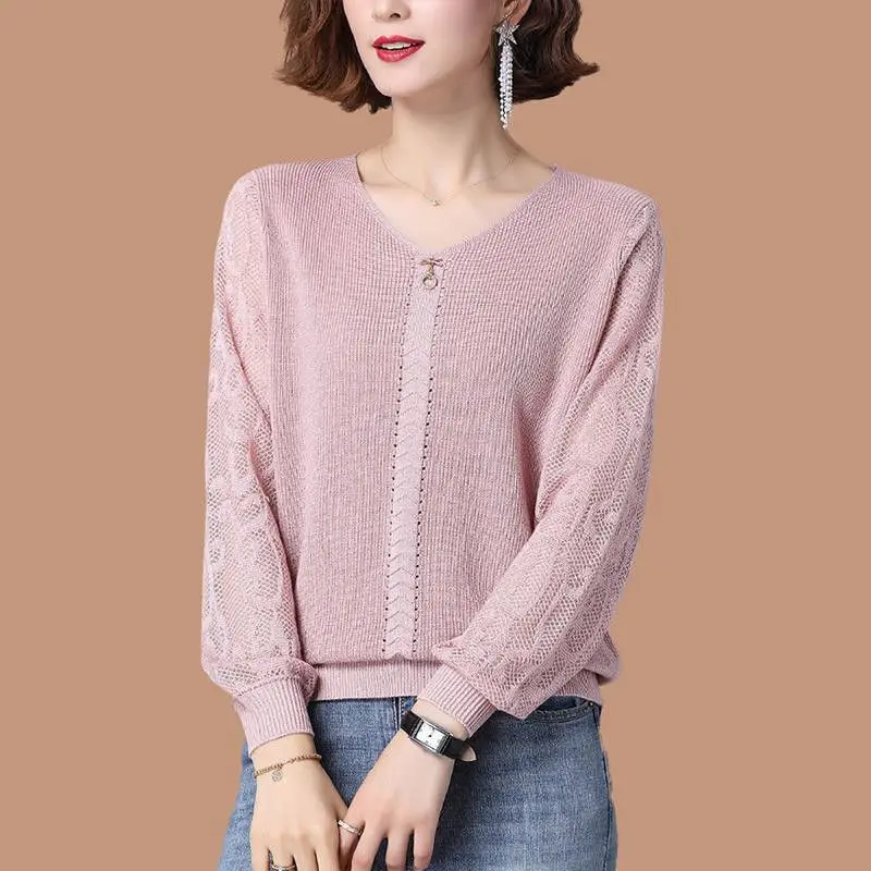 Women\'s Clothing Lace Knitted Sweaters Casual V-Neck Stylish Hollow Out Spring Autumn New Loose Long Sleeve Solid Color Jumpers