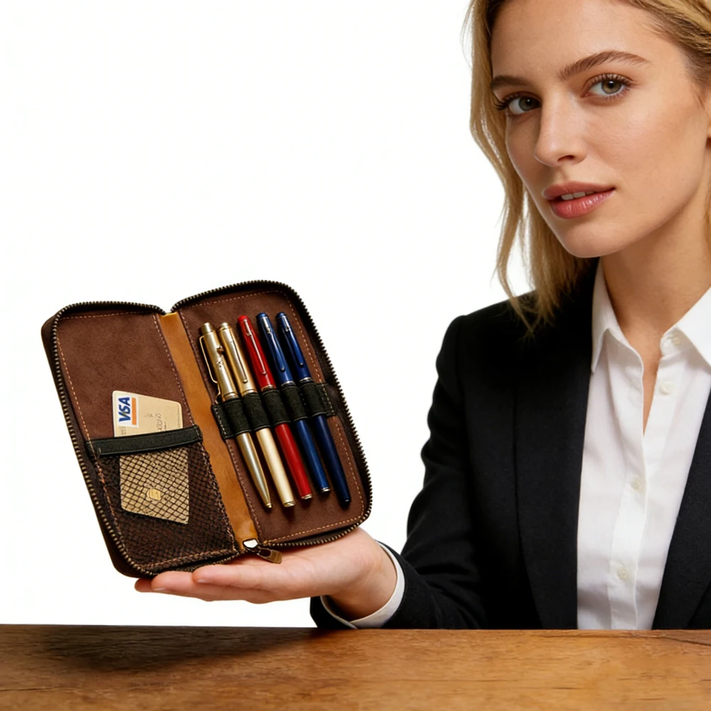 Vintage Genuine Leather Zippered Pen & Pencil Case Handcrafted Organizer for Pens, Cards & Small Essentials Stationery Holder