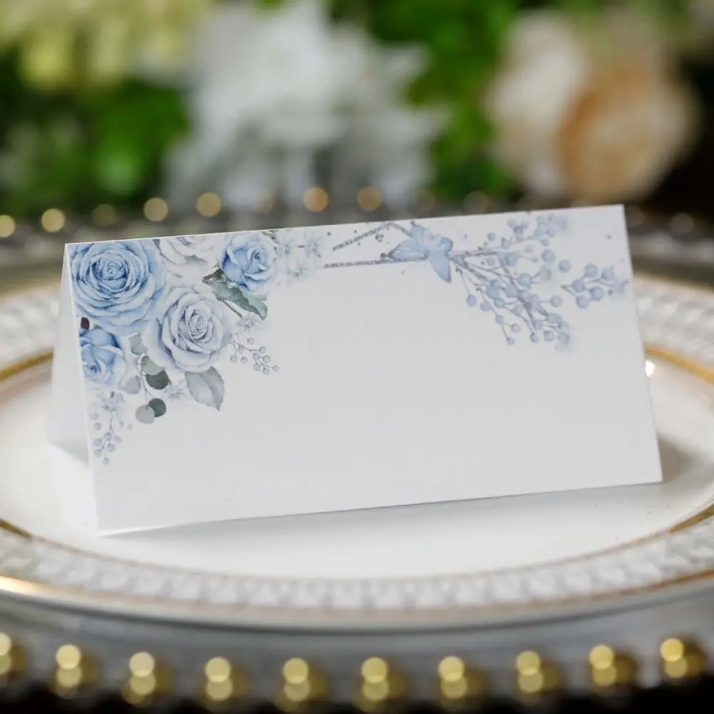 

10pcs Blank Flower Table Seating Cards Folded Paper Wedding Place Cards White Printed Flowers Paper Tented Dinner Party Seating