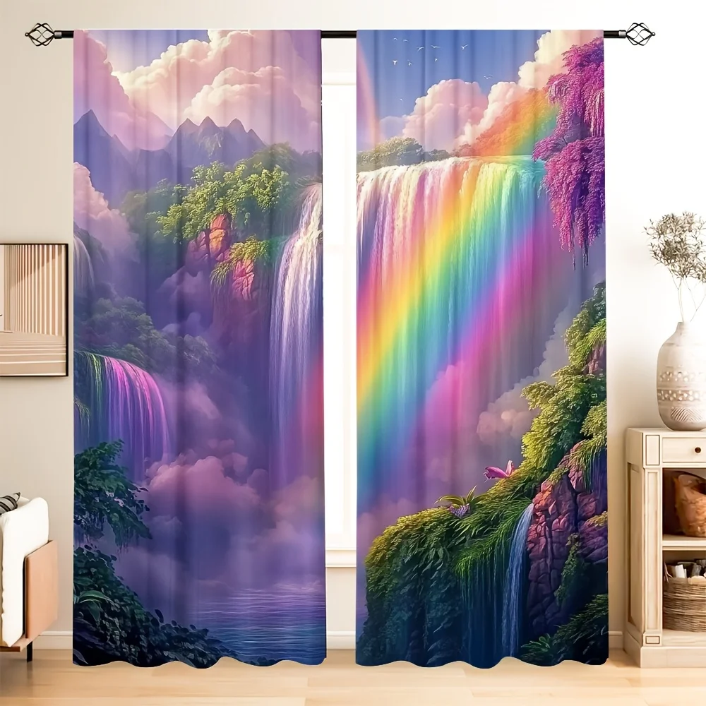 

2pcs Whimsical Rainbow Falls Curtains - Vibrant Waterfall & Rainbow Design, 100% Polyester, Rod Pocket Window Treatment for Livi