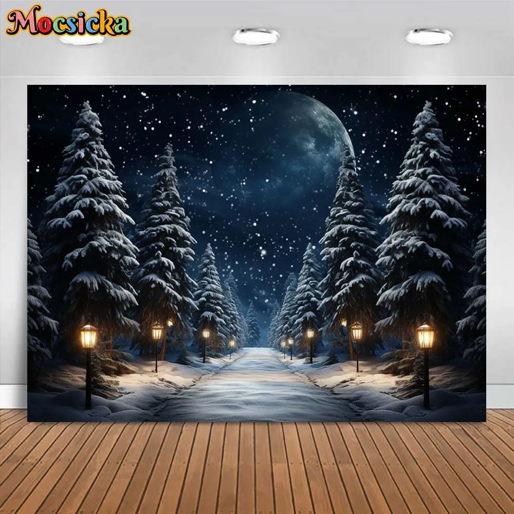 Mocsicka Winter Forest Backdrop for Photography Night Star Full Moon Snow Road Light Pine Tree Outdoor Portrait Photo Background