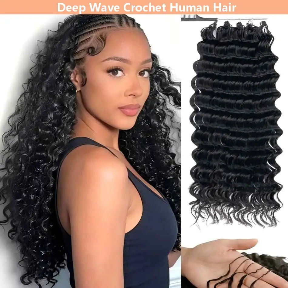 

Feather Deep Wave Crochet Human Hair For Boho Braids Miracle Knots Pre-Looped Knotless Invisible Soft Reusable Hair Extensions Invisible Pre-Separated Beginner-Friendly For Black Women 26 Inch