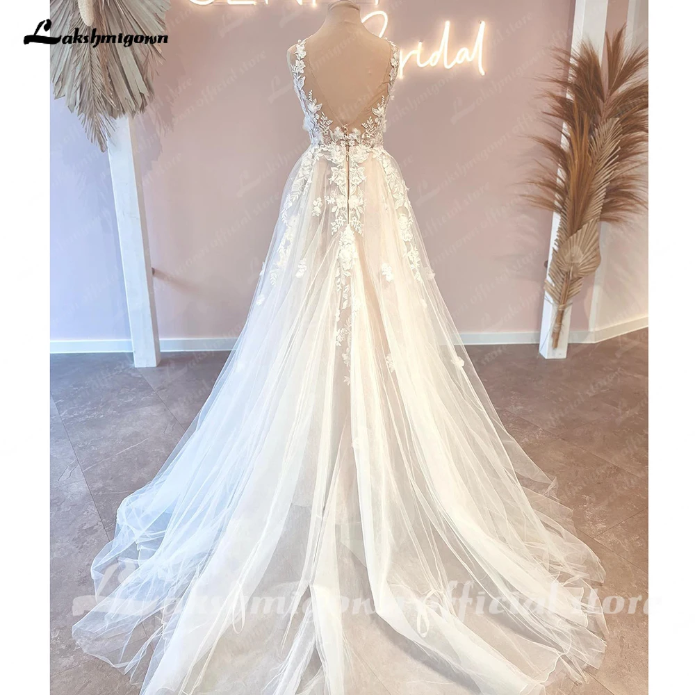 Lakshmigown abito da sposa senza schienale con Appliques in pizzo Vintage con scollo a V 2024 fiori 3D abito da sposa abito da sposa su misura da sposa