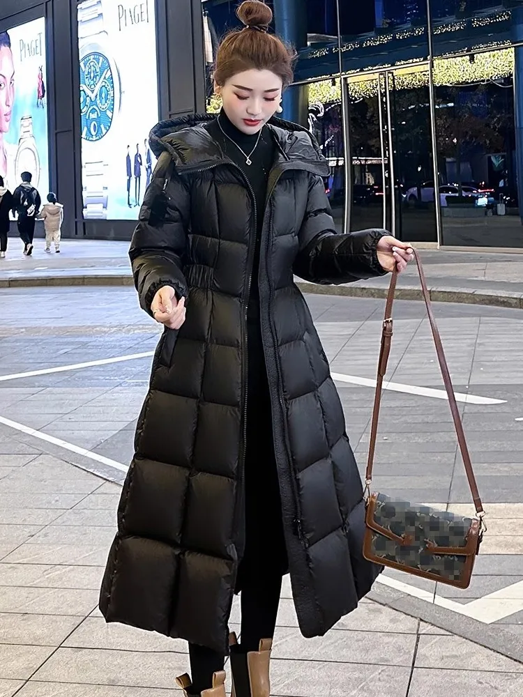 Chaqueta larga de invierno con plumón de pato blanco para mujer, cortavientos con capucha, abrigo ajustado con cintura gruesa y cálida para oficina, prendas de vestir para el trabajo