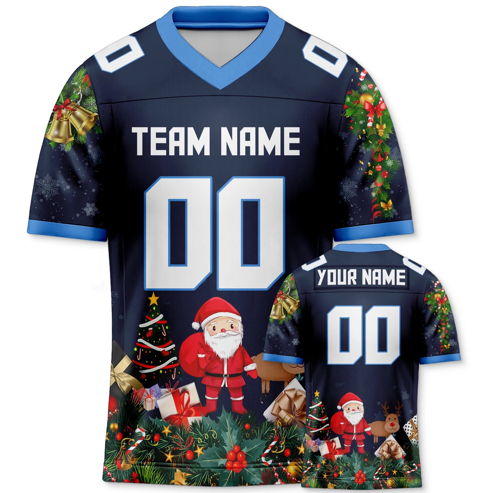 Navy Blue Christmas American Football Jersey Custom Name Number Santa Festive Winter Sportswear for Fans Men Women Youth Kids