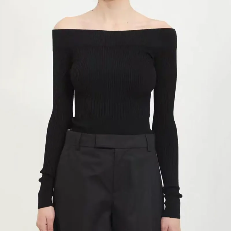 Classic, versatile women's long-sleeve fitted top; off-the-shoulder knit jumpsuit; high-quality pullover; 2026; new style; Y2K