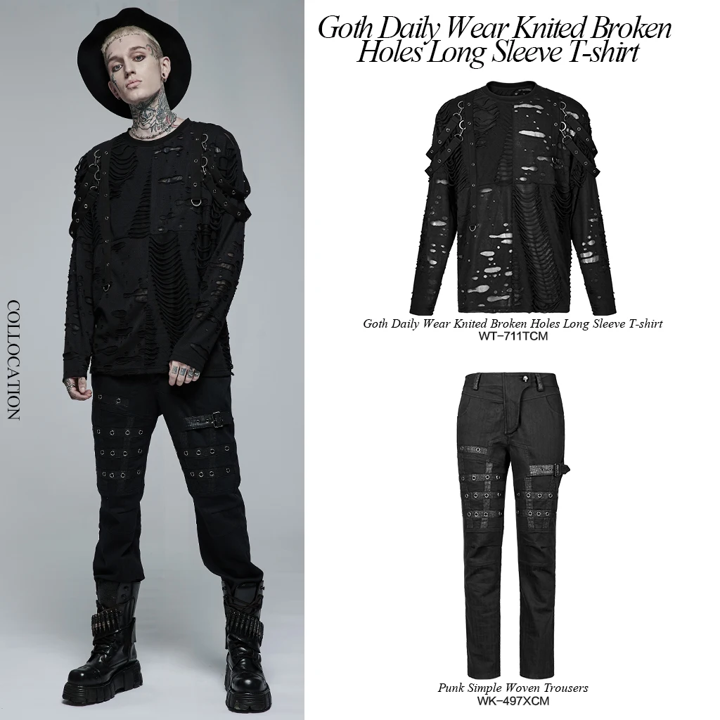 PUNK RAVE Men's Gothic Daily Wear Knited Broken Holes Long