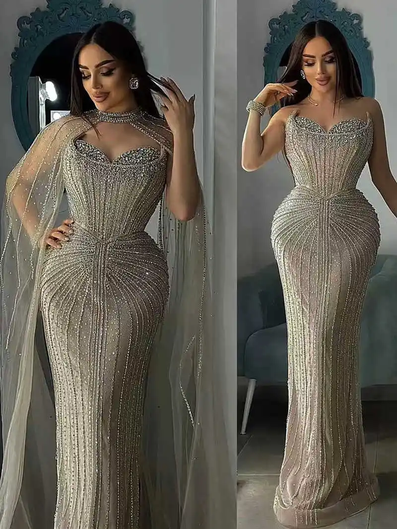 Crystals Beaded Mermaid Prom Dress Sequined Halter Lace Evening Formal Party Second Reception Dresses Custom Made